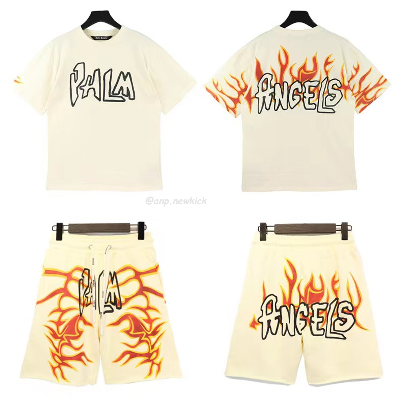 Palm Angels Graffiti Flame T Shirt Shorts Black White (9) - newkick.cc